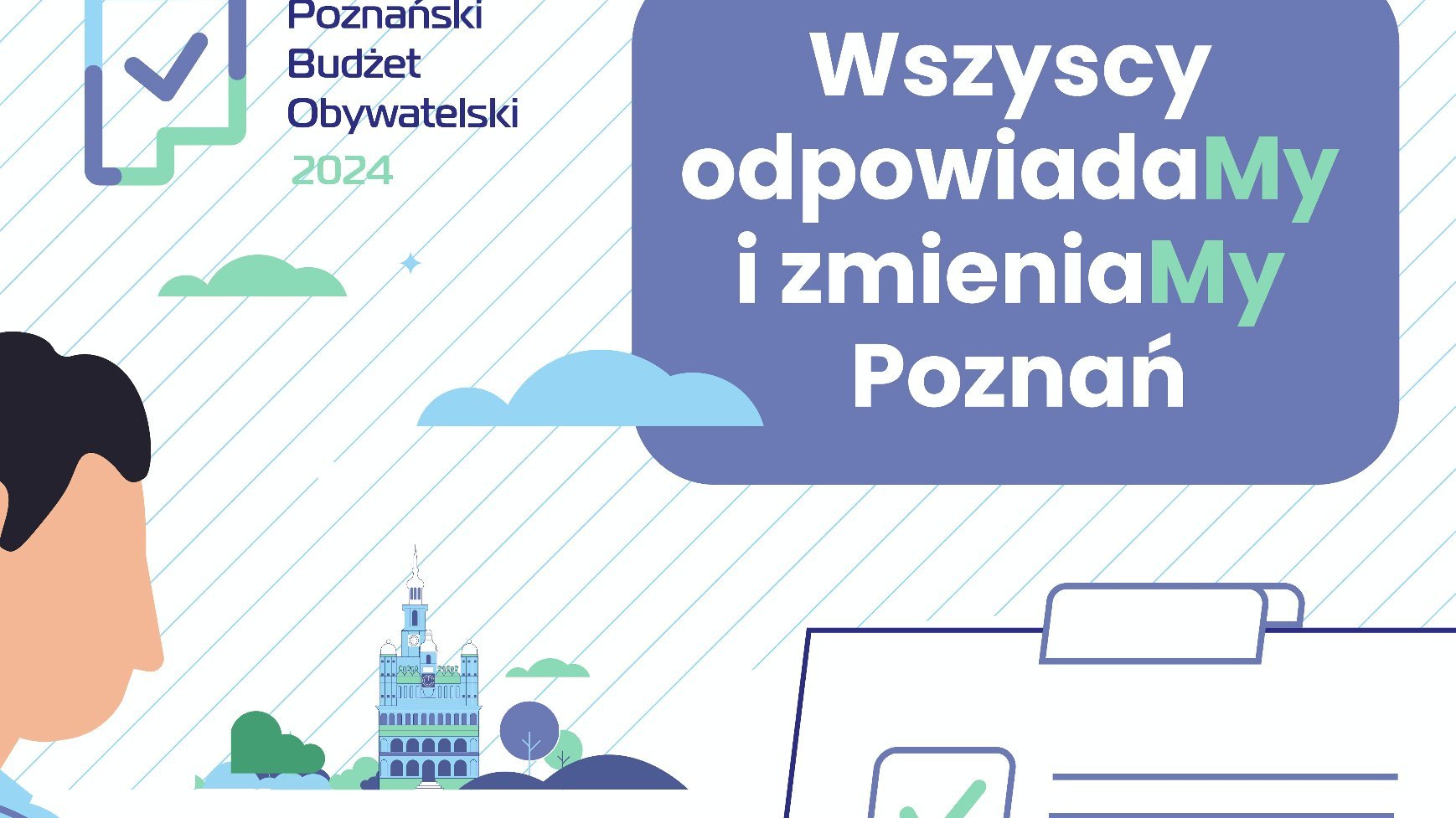 Grafika przedstawia rysunek człowieka, który zaznacza "ptaszki" na karcie do głosowania oraz logo Poznańskiego Budżetu Obywatelskiego.