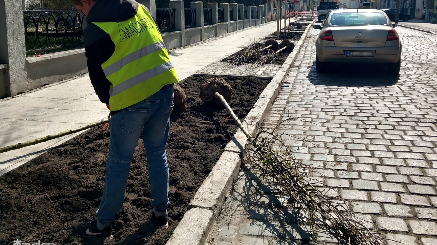 Ulica Grobla z nową zielenią i chodnikiem