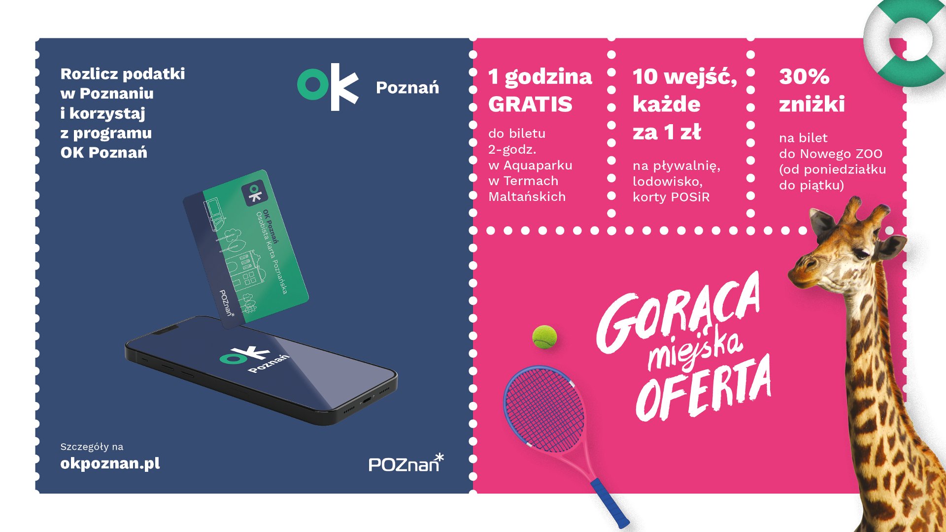 Grafika, na niej wypisane najważniejsze zniżki w programie OK Poznań - grafika artykułu