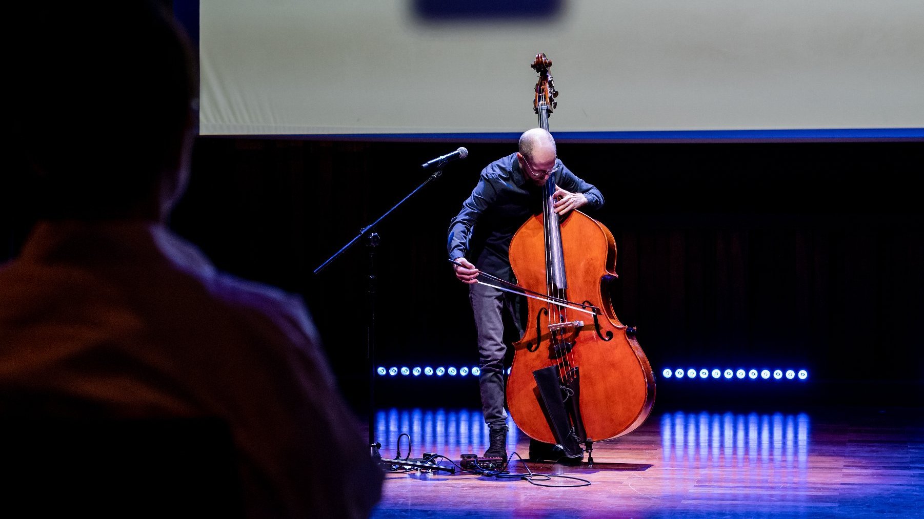 Na zdjęciu kontrabasista z instrumentem