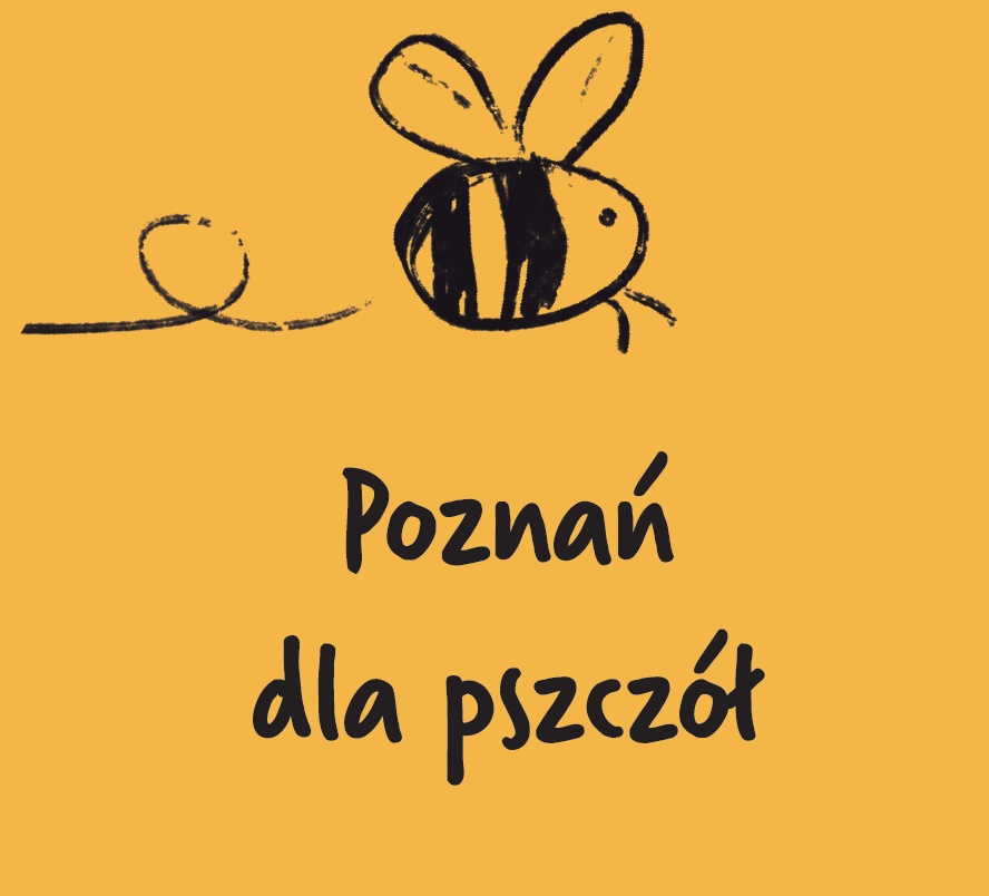 Obrazek przedstawia rysunek lecącej pszczółki na żółtym tle, wraz z podpisem o treści Poznań dla pszczół.