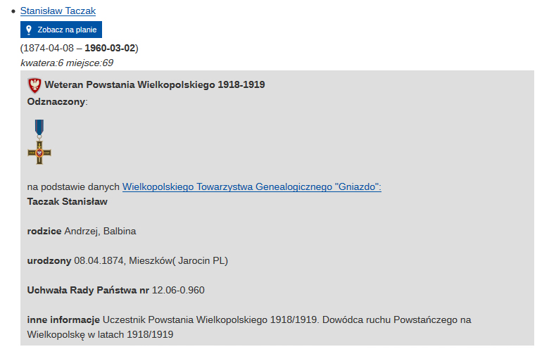 Fragment biogramu powstańca - zrzut z ekranu z wyszukiwarki.