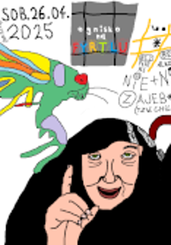 Rysunkowa forma plakatu, który reklamuje spotkanie Cybernostalgiczny Klub Dyskusyjny. W centralnej części postać zgarbionej postaci w kapturze z laską, nad nią kolorowy owad. Dookoła ręcznie pisane informacje dotyczące wydarzenia.