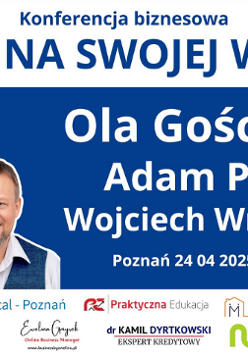 Baner, który reklamuje konferencję biznasową - Zarób na swojej wiedzy. Zdjęcia trzech usmiechniętych prelegentów. Napisy informujące o wydarzeniu.