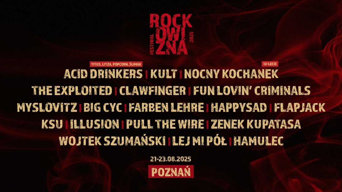 Plakat z wymienionymi artystami, którzy pojawią się latem na Rockowiźnie