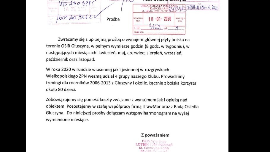 prosba o wynajem płyty głównej przez Stowarzyszenie LOTNIK