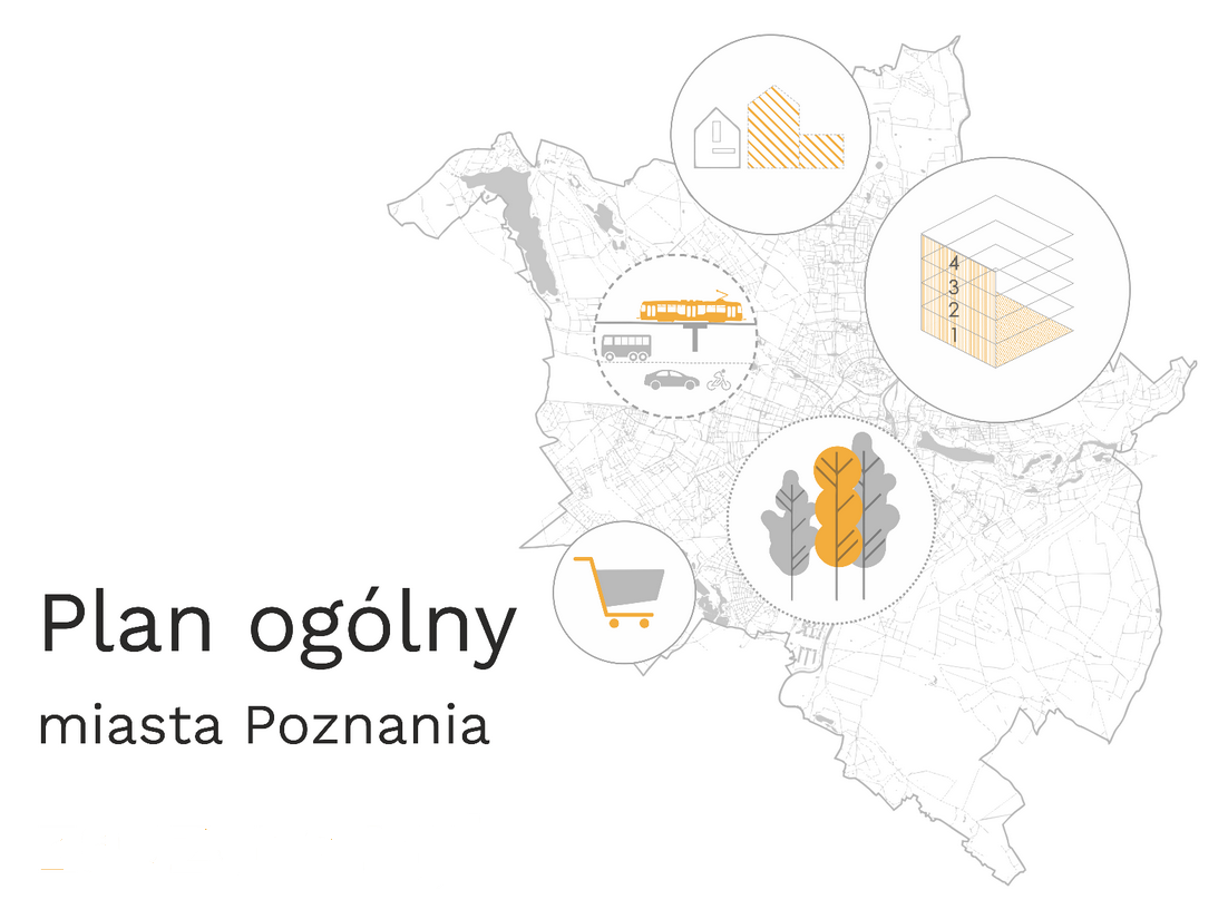 grafika symbolizująca Plan ogólny Poznania, na mapie Poznania naniesione elemeny graficzne symbolizujące sposoby zagospodarowania miasta - grafika artykułu