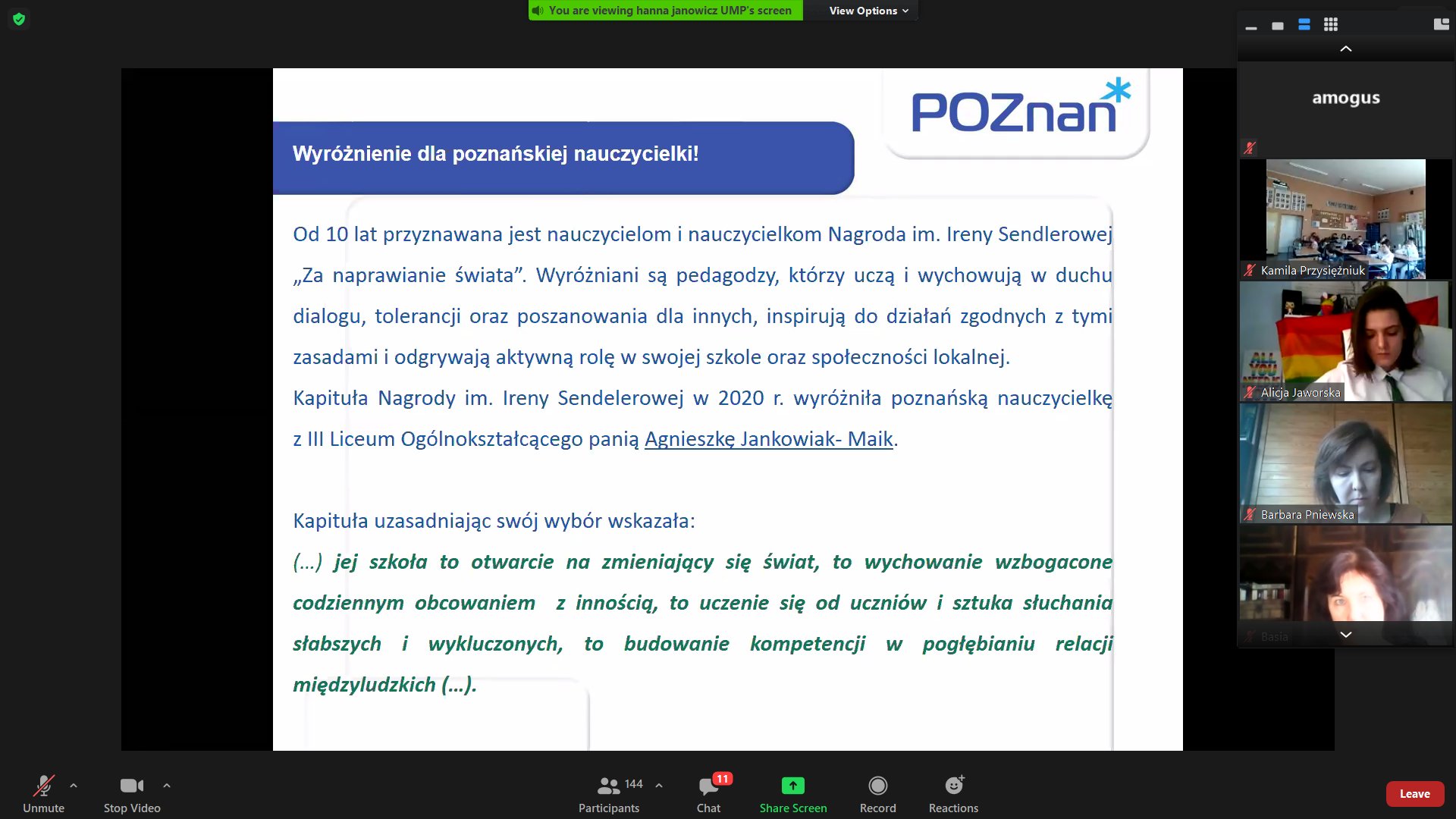 zdjęcie przedstawia fragment prezentacji, w której poruszana jest Agnieszka Jankowiak-Maik, wyróżniona w 2020 r. przez Kapitułę Nagrodyim. Ireny Sendlerowej