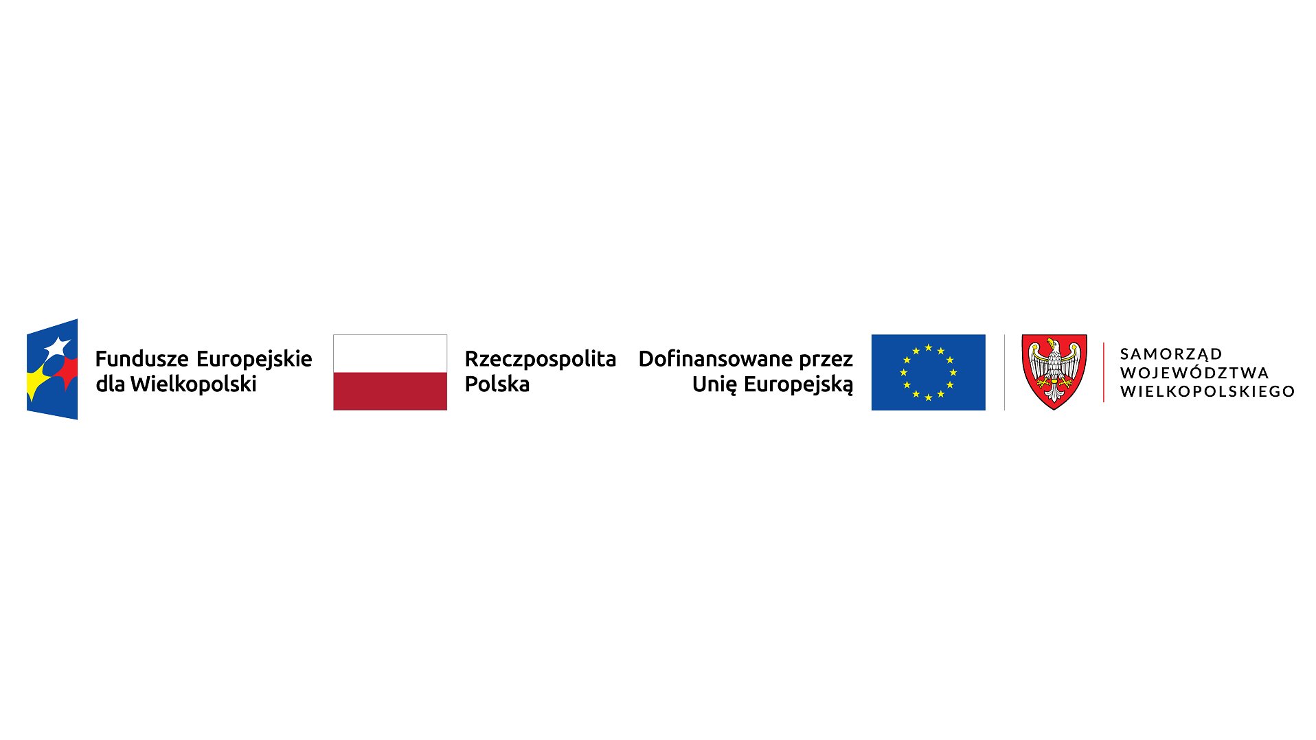 Od lewej: logo Funduszy Europejskich, flaga Rzeczpospolitej Polski, Flaga Unii Europejskiej, godło Samorządu Województwa Wielkopolskiego.