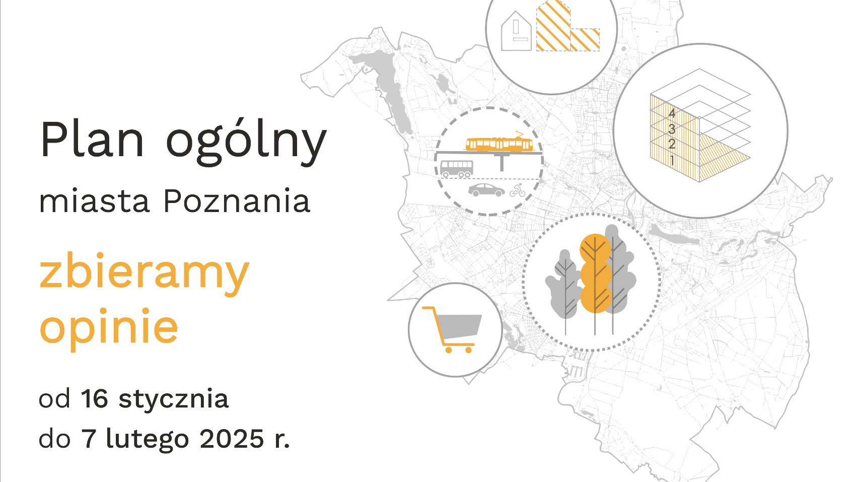 Plan miasta Poznań. Przedstawia różne strefy funkcjonalne: obszary mieszkalne oznaczone ikonami domów; środki transportu pokazane ikonami tramwaju, autobusu, samochodu i roweru; poziomy budynków numerowane od 1 do 4; tereny zielone przedstawione jako ikony drzew, oznaczające parki i zielone obszary oraz obszary komercyjne oznaczone ikonami wózków na zakupy.