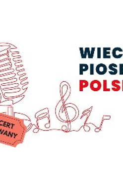 Czarno-czerwony tytuł wydarzenia po prawej stronie, po lewej czerwone nutki odchodzące od instrumentu.