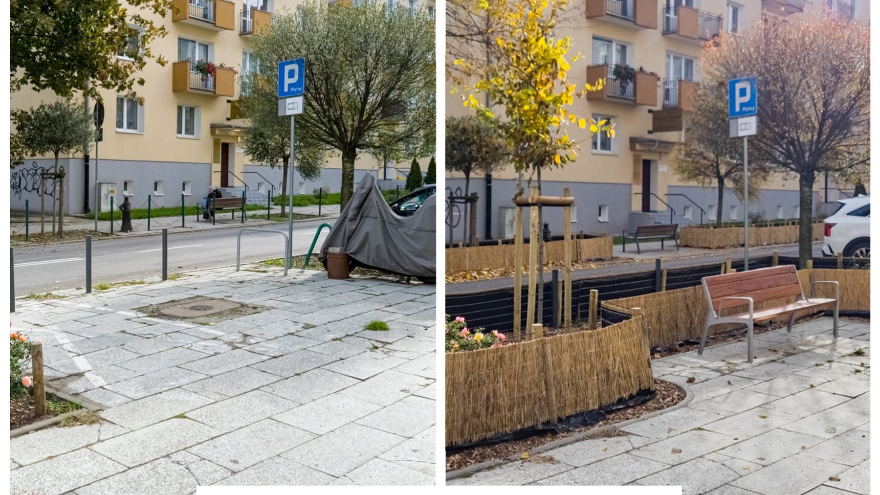 Kolaż dwóch zdjęć pokazujących jak ulica wyglądała przed i jak po odbrukowaniu