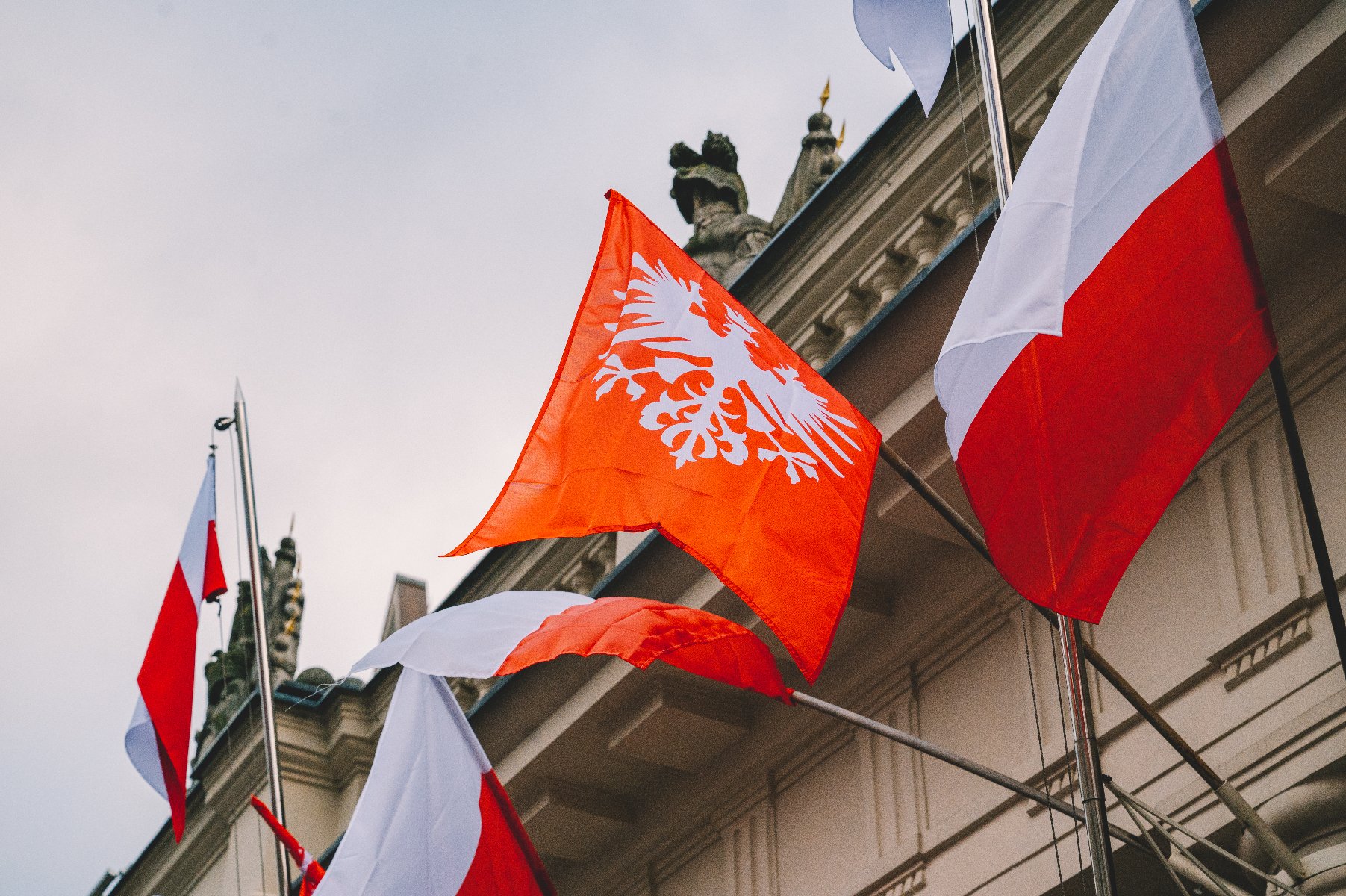 Obraz przedstawia kilka flag, w tym głównie flagę narodową Polski, która składa się z dwóch poziomych pasów: białego na górze i czerwonego na dole. Dodatkowo, widoczna jest czerwona flaga z białym orłem, który jest godłem Polski. Flagi są zamontowane na masztach i umieszczone przed budynkiem, z widocznymi detalami architektonicznymi w tle. Obraz jest interesujący, ponieważ podkreśla narodowe symbole Polski, co może sugerować narodowe wydarzenie lub celebrację - grafika artykułu