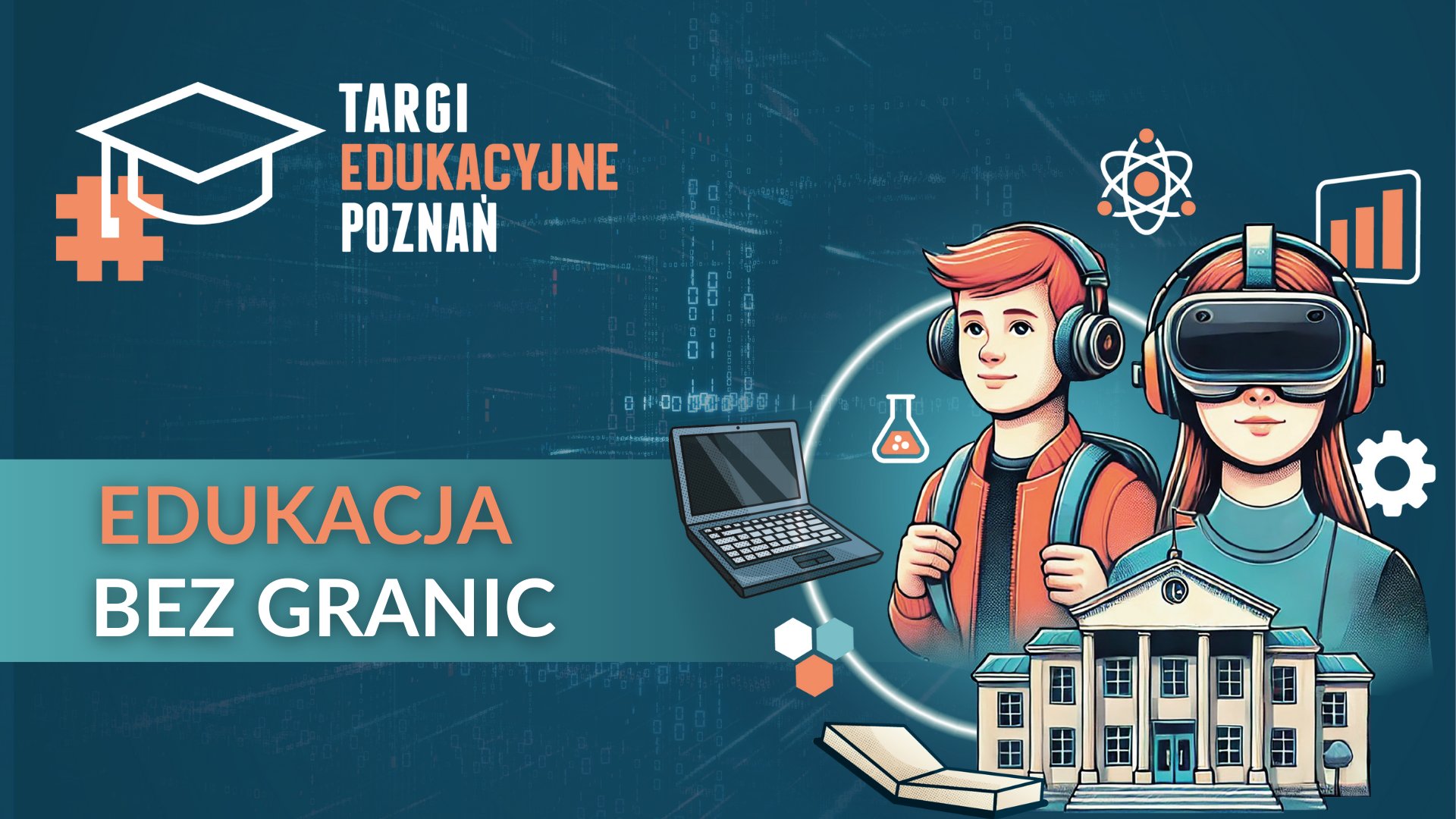 Plakat zapowiadajacy wydarzenie. Widać na nim rysunek chłopaka i dziewczyny - chłopak ma na uszach słuchawki, dziewczyna google. Są też rysunki komputera, budynku szkoły, a także nazwę wydarzenia i hasło tegorocznej edycji.