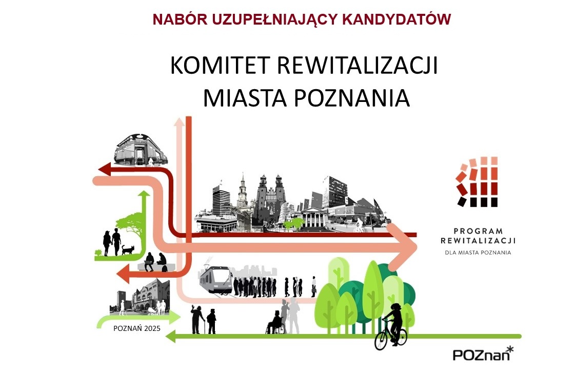 Rozpoczęto nabór uzupełniający kandydatów na członków Komitetu Rewitalizacji Miasta Poznania Grafika Gminnego Programu Rewitalizacji. Przedstawia czarno białe budynki, ludzi, drzewa.