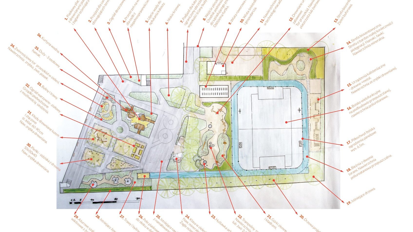 Mapa projektowa terenu z zaznaczonym elementami, zaprojektowanymi w trakcie warsztatów.