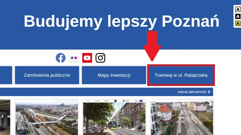 Grafika przedstawia miejsce, w którym na stronie PIMU znajduje się zakładka pt."Tramwaj w ulicy Ratajczaka"