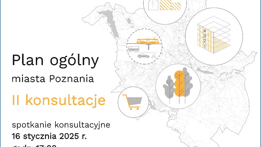 Plakat informujący o konsultacjach społecznych organizowanych przez Miejską Pracownię Urbanistyczną w Poznaniu. Wydarzenie dotyczy planu ogólnego miasta Poznań i jest zatytułowane "II konsultacje". Spotkanie konsultacyjne odbędzie się 16 stycznia 2025 roku o godzinie 17:00 na platformie Zoom. Na plakacie znajduje się mapa Poznania z różnymi ikonami reprezentującymi różne aspekty planowania miejskiego, takie jak zabudowa mieszkaniowa, transport, obszary komercyjne i tereny zielone.