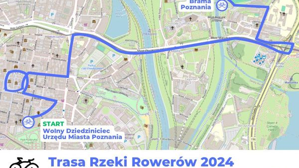 Mapka ulic Poznania z wytyczoną trasą rowerową od Urzędu Miasta na pl. Kolegiackim do Bramy Poznania