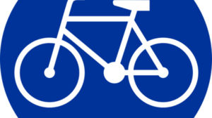 znak w kształcie niebieskiego koła z białą, cienką obwódką z piktogramem roweru