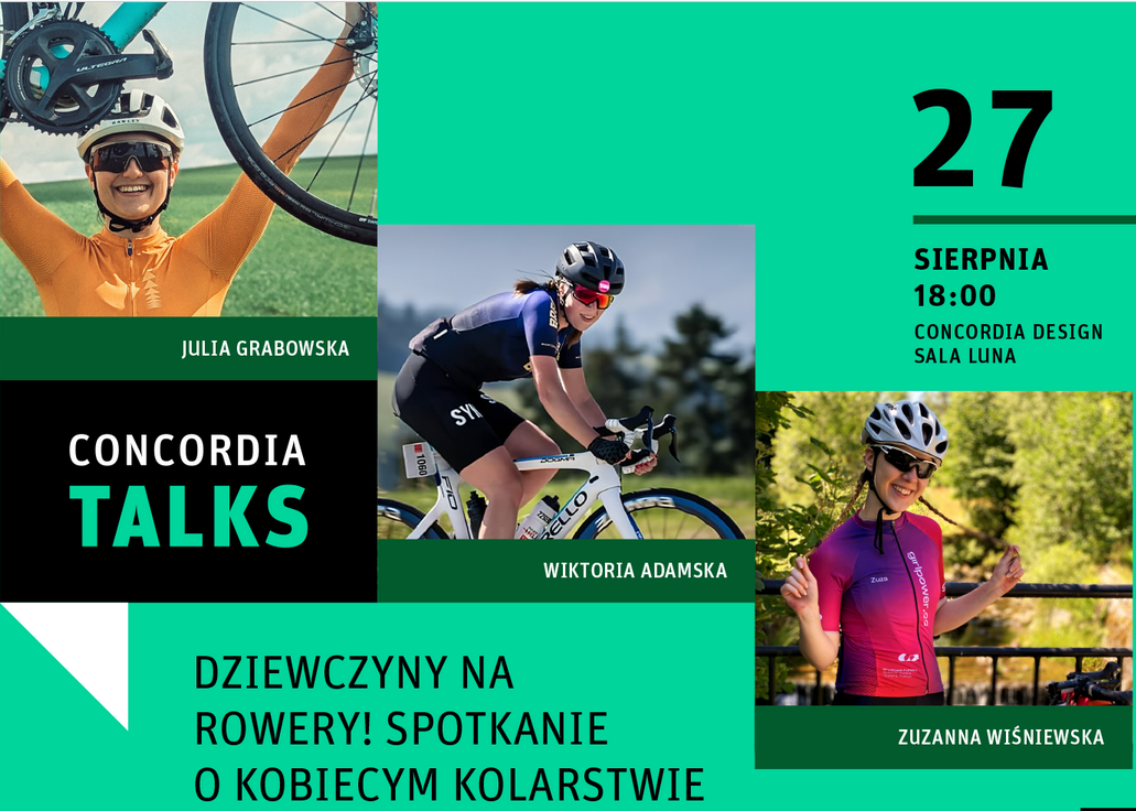 Baner, trzy zdjęcia kobiet w strojach rowerowych i kaskach, jedna trzyma rower nad głową, druga jedzie na rowerze, trzecia w stroju rowerowym. Zdjęcia w kształcie kwadratów ułożone są stopniowo od lewego, górnego rogu do prawego, dolnego narożnika. Dookoła napisy informujące o wydarzeniu. - grafika artykułu