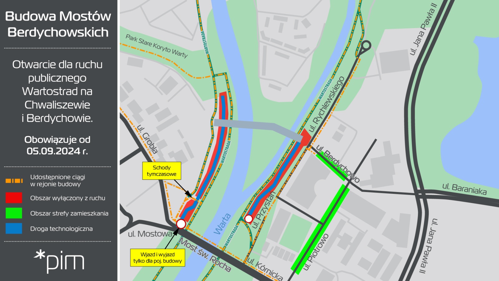 Mapa, fragment miasta z zaznaczonymi na czerwono obszarami wyłączonymi z ruchu, na zielono - obszarstrefy zamieszkania i na niebiesko - drogi techniczne. - grafika artykułu