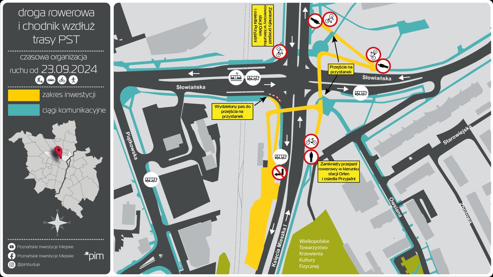 Plan miasta z drogami rowerowymi i chodnikami wzdłuż trasy PST, zółtym kolorem zaznaczono zakres inwestycji, niebieskim kolorem - ciągi komunikacyjne.