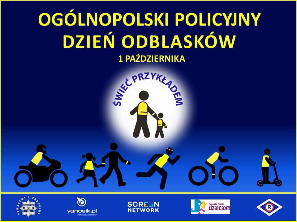 Baner, na granatowym tle zamieszczono postaci z odblaskowymi elementami, kamizelką, opaską na rękę, opaską na nogę. Pośrodku plakatu rozświetlono okręg, w który, stoi dorosły z dzieckiem ubrani w elementy odblaskowe. - grafika artykułu