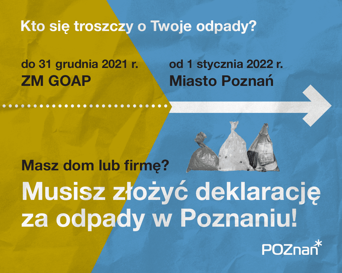 Grafika przedstawia informacje o poznańskim systemie gospodarowania odpadami oraz rysunek worków na śmieci. - grafika artykułu