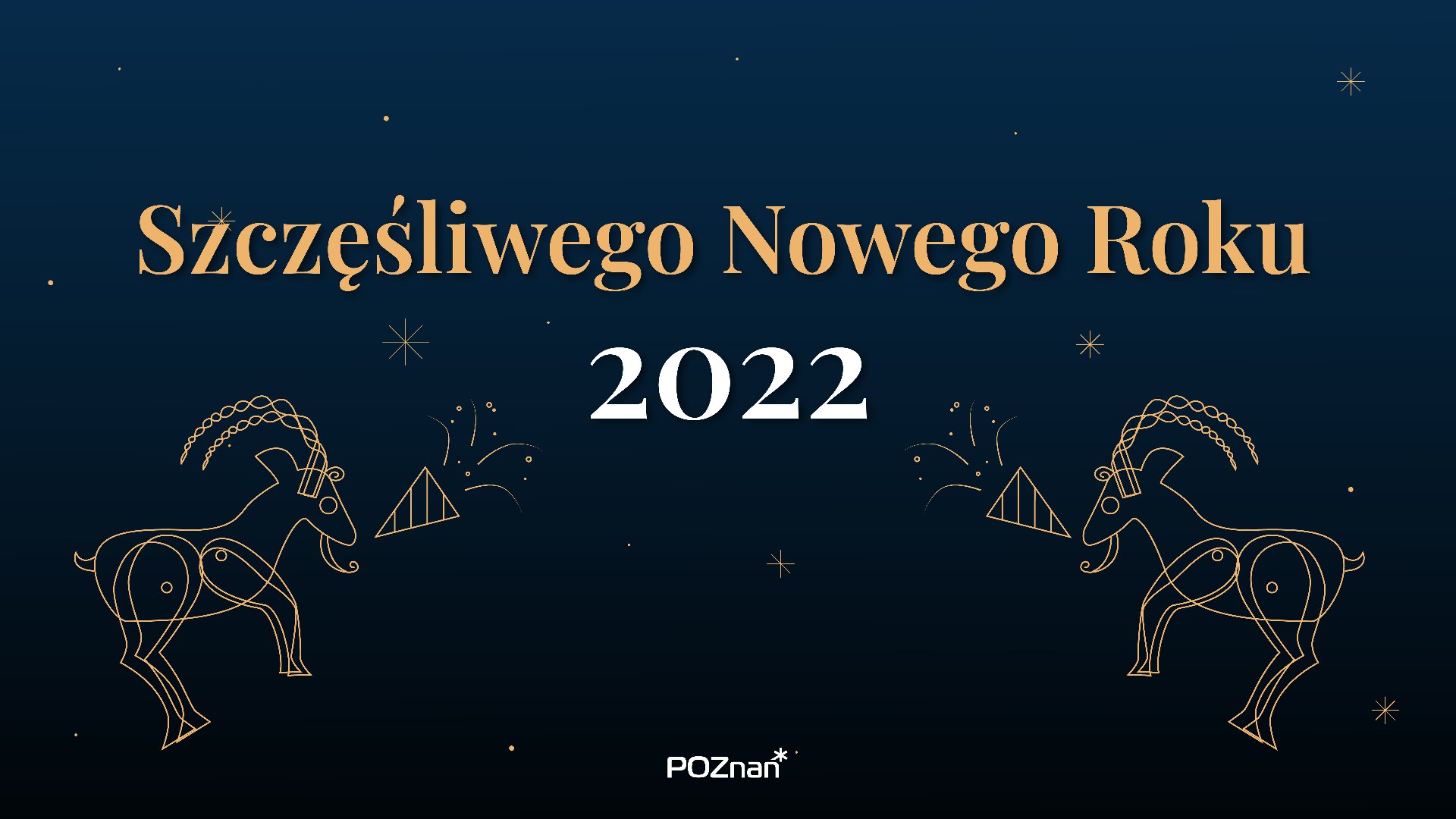 Grafika przedstawia rysunek złotych koziołków na granatowym tle oraz napis "Szczęśliwego Nowego Roku 2022". - grafika artykułu