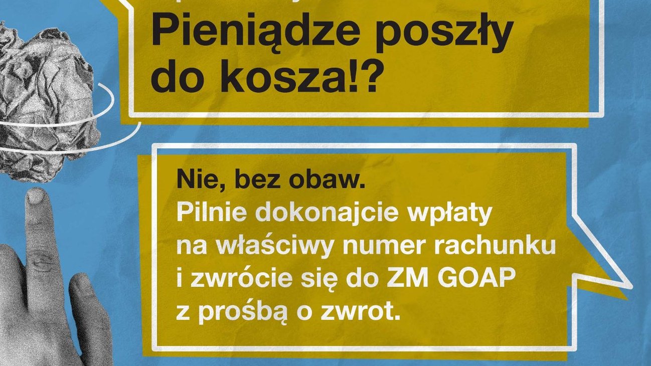 Grafika przedstawia rysunek ręki i kulki z papieru oraz informacje o opłatach za odpady.