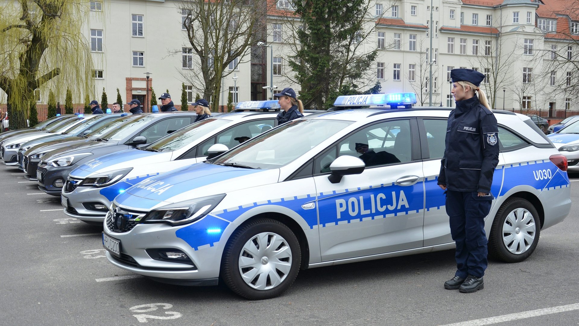 Na zdjęciu rząd policyjnych radiowozów - grafika artykułu