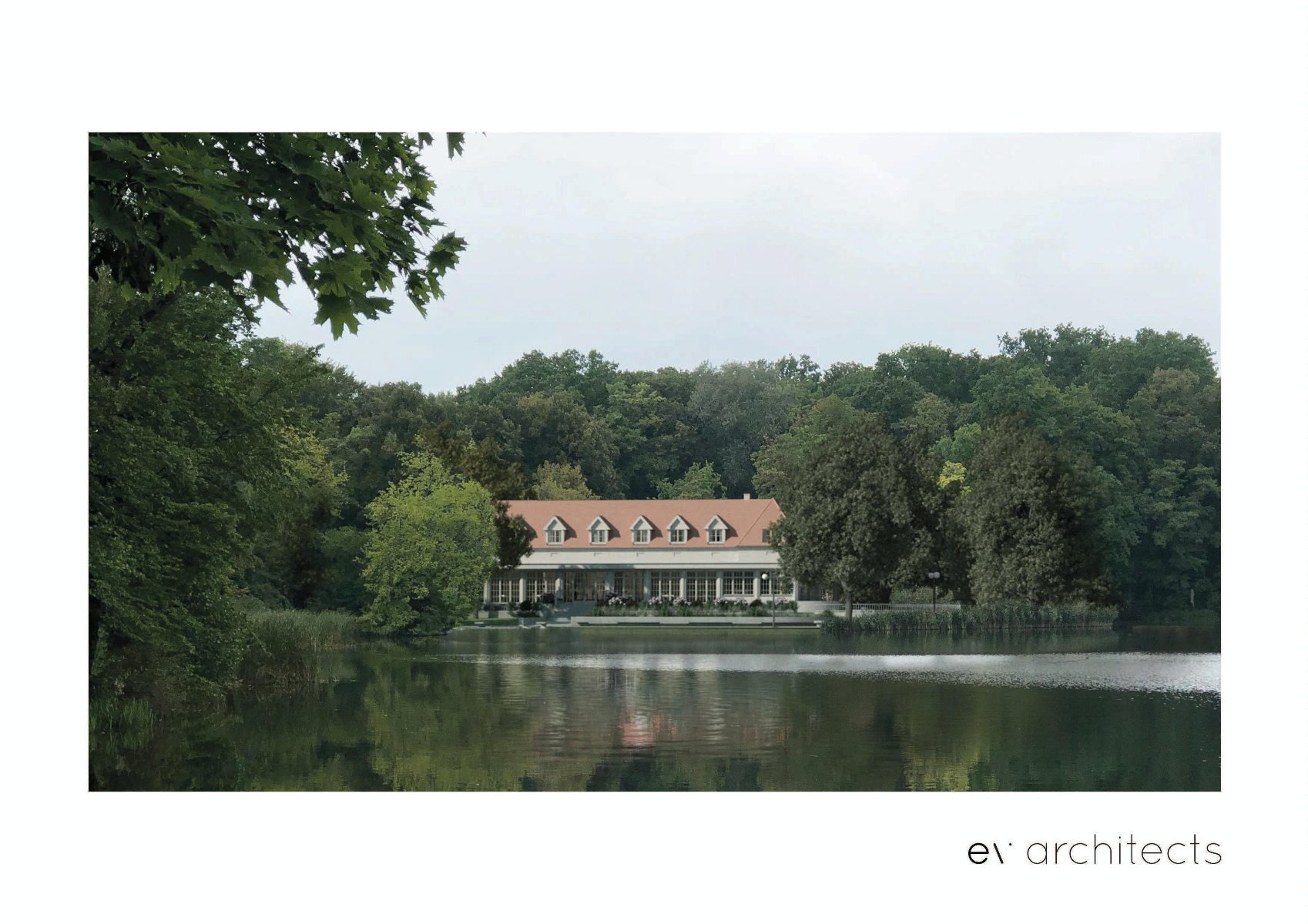 Galeria wizualizacji przedstawia budynek restauracji i hotelu oraz otaczającą ją zieleń. - grafika artykułu