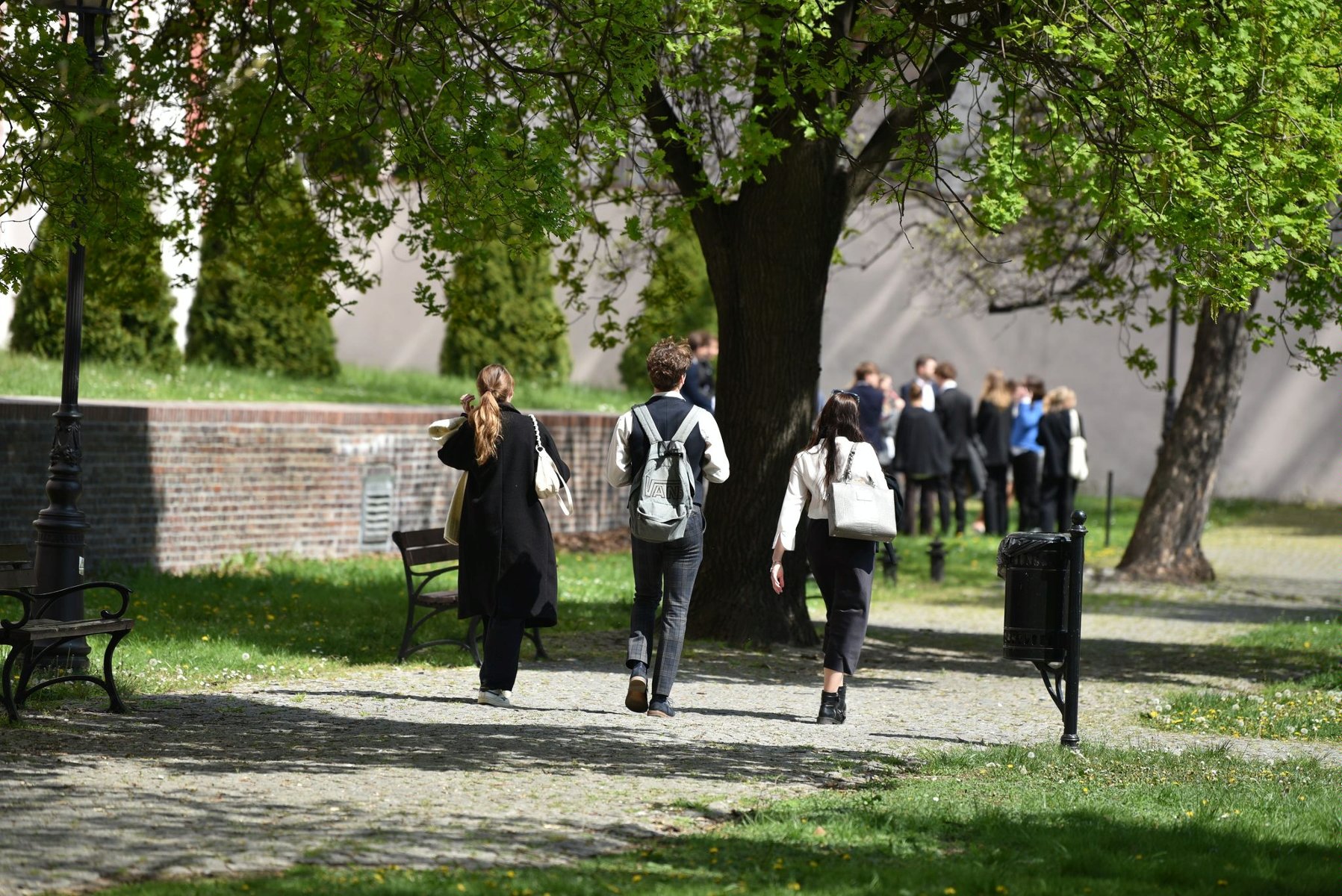 Na zdjęciu grupa młodych ludzi ubrana oficjalnie idzie przez park - grafika artykułu