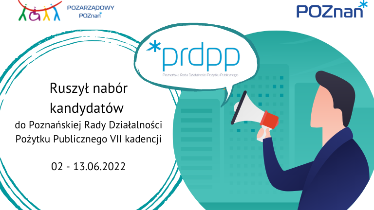 Grafika prezentuje najważniesze informacje dotyczące naboru kandydatów do Poznańskiej Rady Działalności Pożytku Publicznego. - grafika artykułu