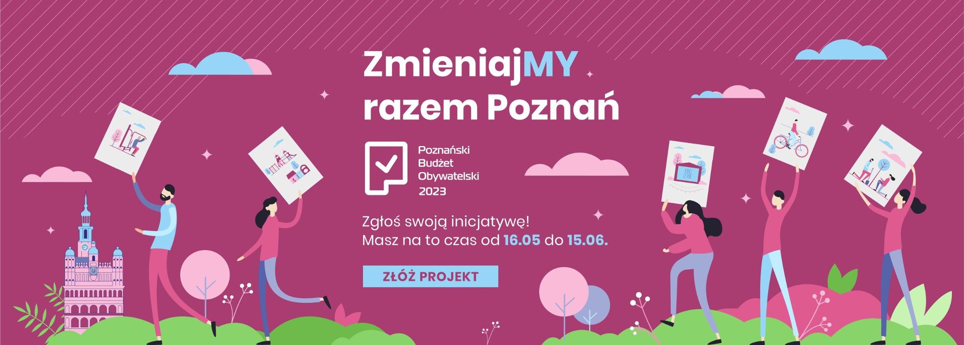 Grafika przedstawia rysunek ludzi trzymających kartki papieru z różnymi obrazkami, logo PBO oraz informacje o zgłaszaniu projektów. - grafika artykułu