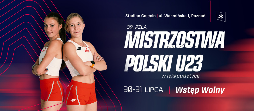 Galeria zdjęć przedstawia grafiki promujące 39. PZLA Mistrzostwa Polski U23, na których widać najważniejsze informacje dot. zawodów oraz zawodników w strojach sportowych. - grafika artykułu