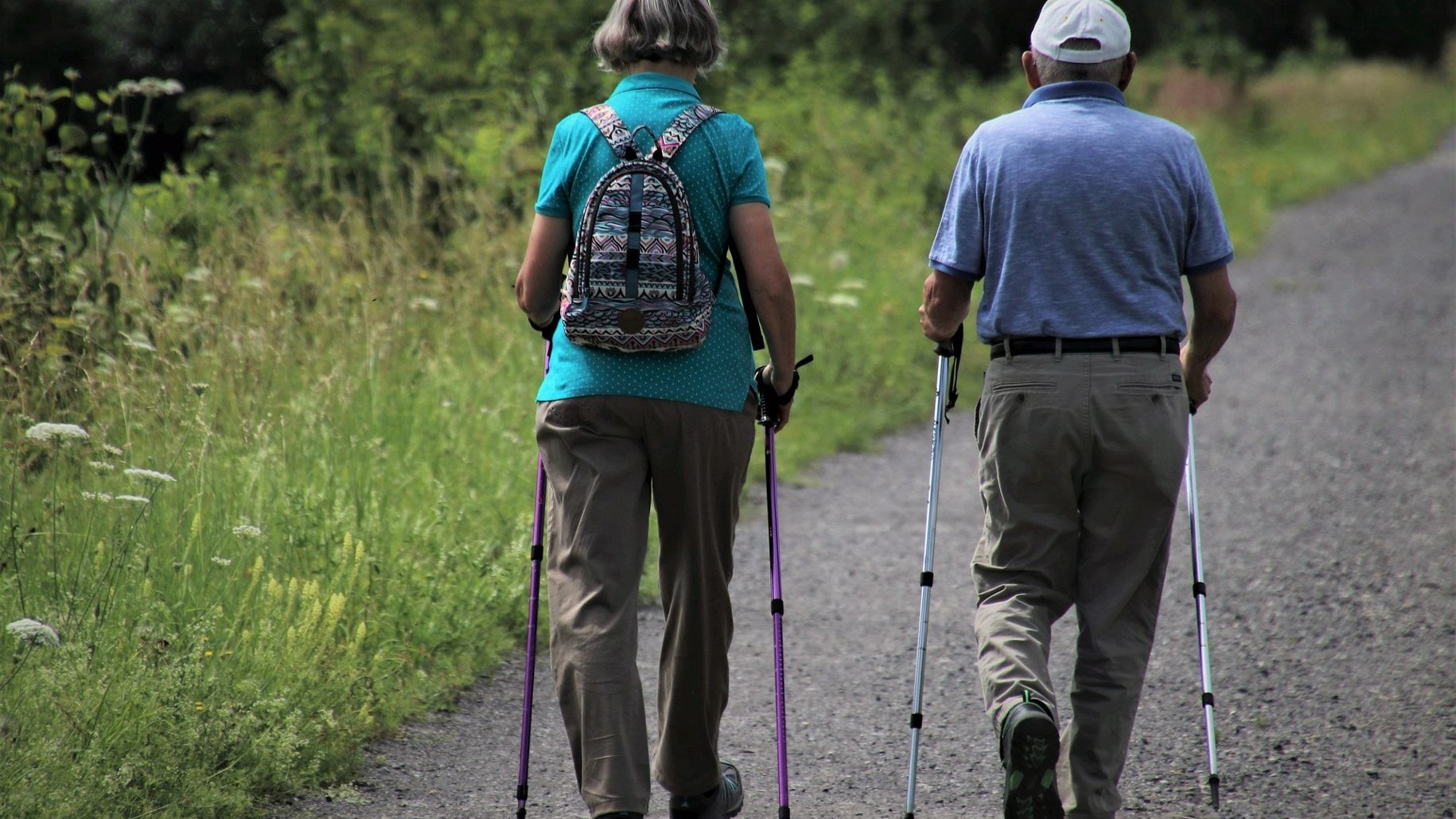 Na zdjęciu dwóch seniorów tyłem do obiektywu, maszerujących z kijkami do nordic walking - grafika artykułu