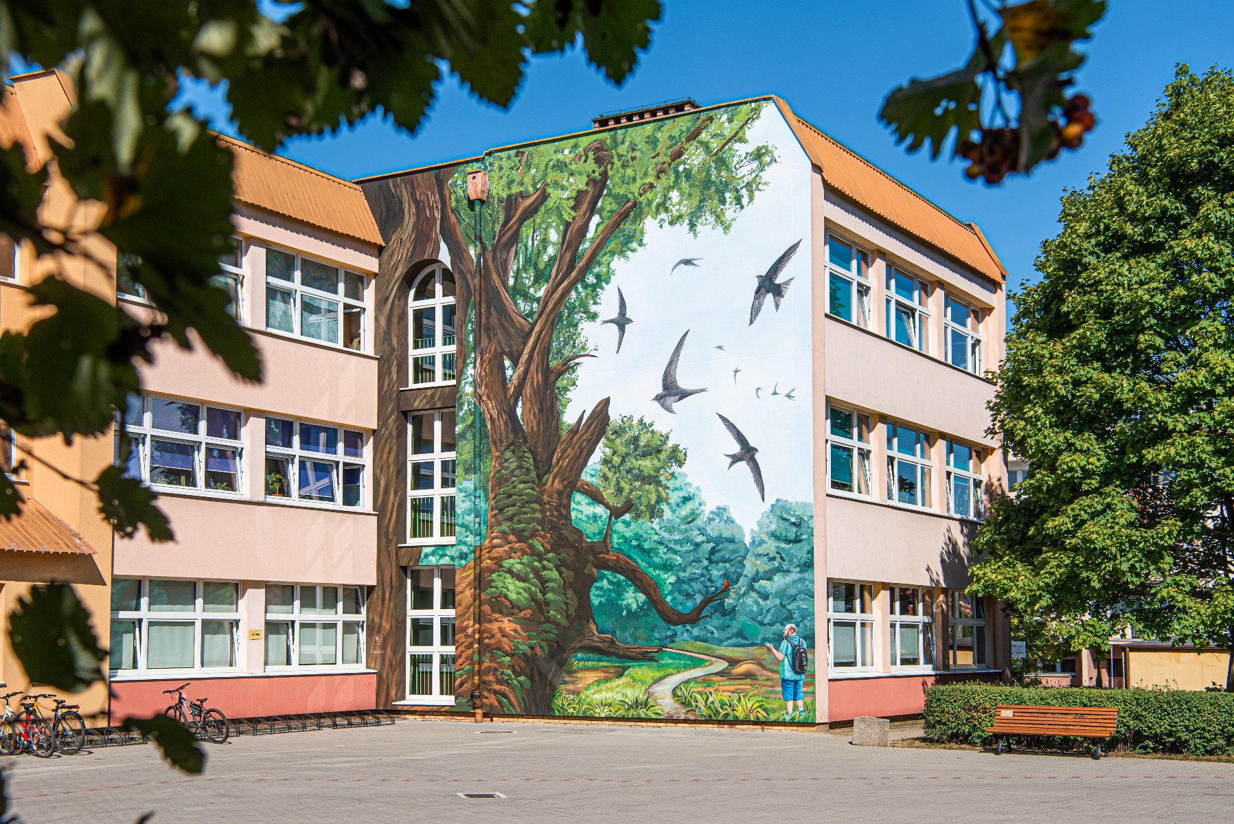 Galeria zdjęć przedstawiająca mural na szkole z różnej odległości oraz perspektywy - grafika artykułu