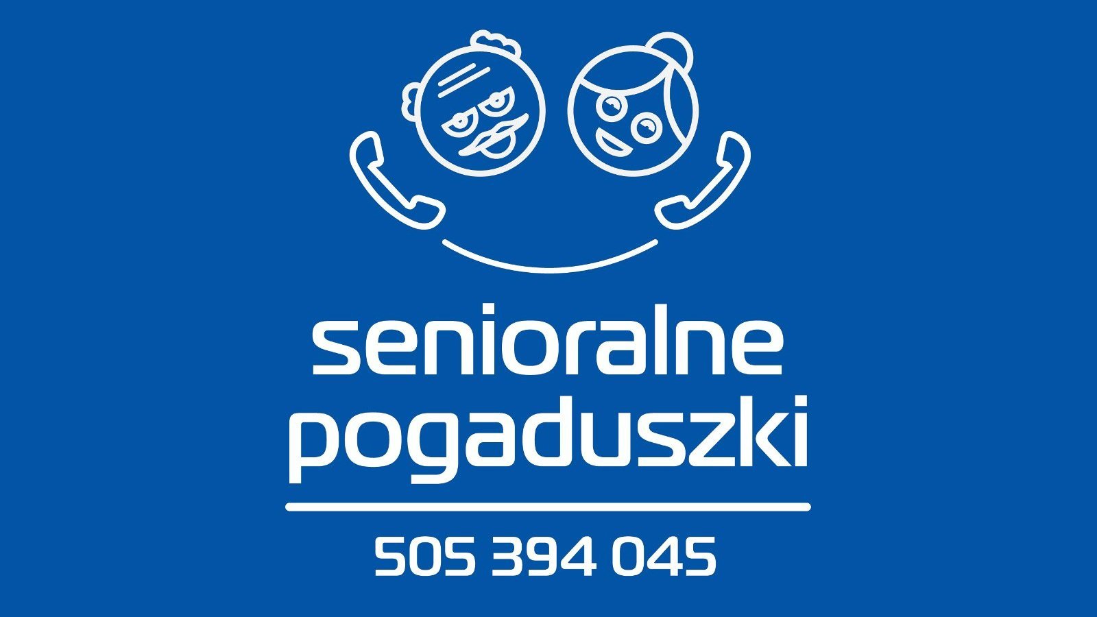 Grafika: schematyczne twarze seniorów rozmawiających przez telefon na granatowym tle