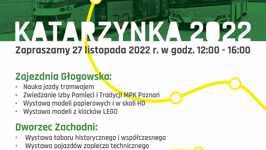 Plakat: autobus na zielonym tle, pod nim program wydarzenia