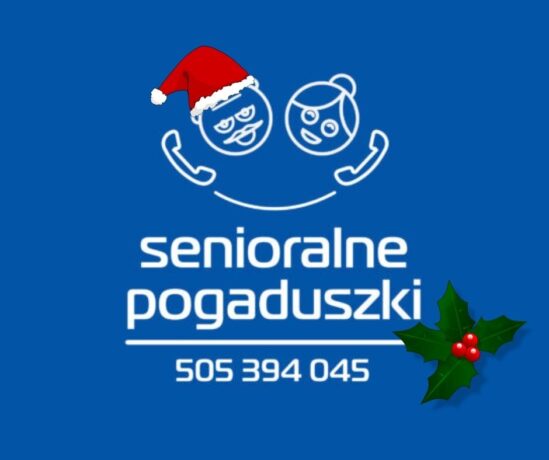 Grafika: schematyczny rysunek głów dwojga seniorów połączonych telefonem, jedno z nich ma świąteczną czapkę, poniżej napis: senioralne pogaduszki - grafika artykułu