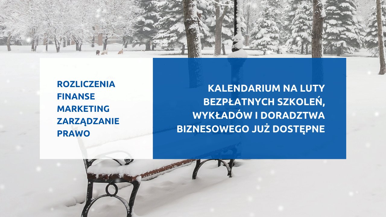 Grafika z informacjami o szkoleniach, w tle widok na park ze śniegiem - grafika artykułu