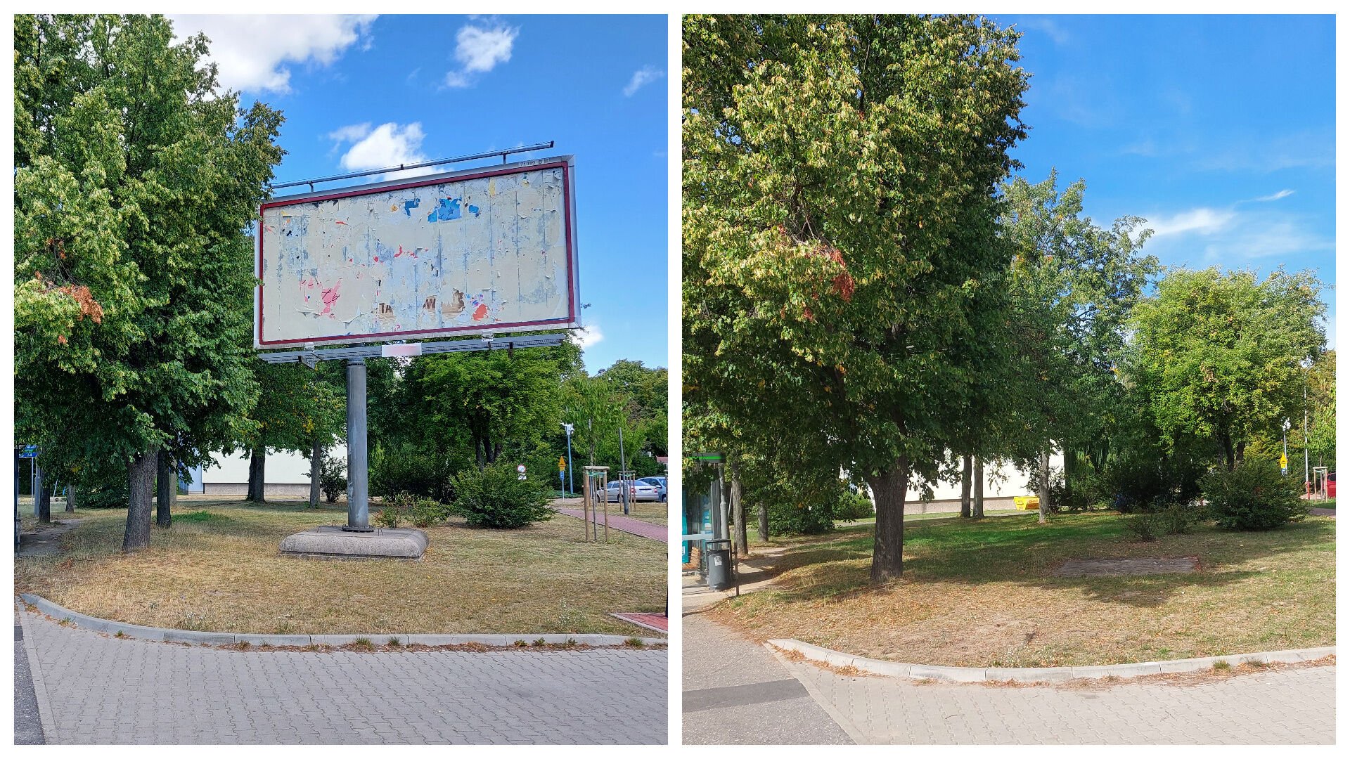 Kolaż zdjęć: po lewej stronie widać fragment ulicy i trawnik, na którym stoi wielkoformatowa reklama. Po prawej widać ten sam kadr, jednak bez nośnika reklamy na trawniku.