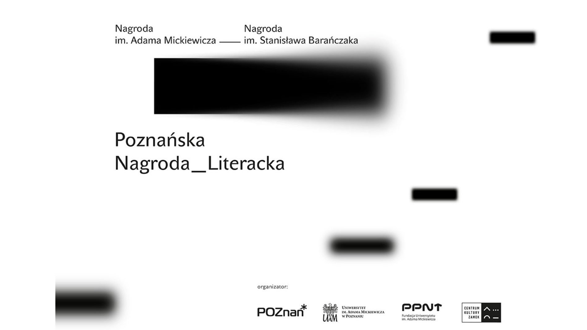 Grafika z informacjami o konkursie oraz czarnymi kwadratami rozmytymi na końcach