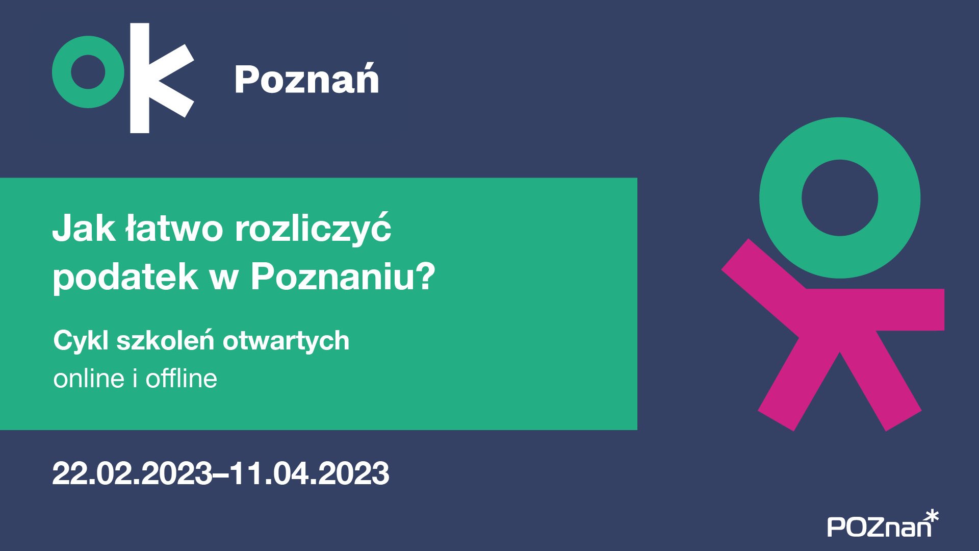 Grafika z najważniejszymi informacjami o szkoleniach i logo OK Poznań