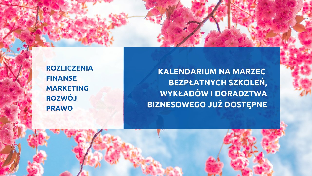 Grafika z informacjami o szkoleniach, w tle gałęzie z różowymi kwiatkami na tle nieba - grafika artykułu