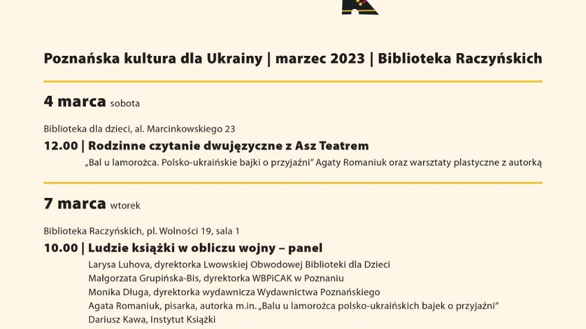 Grafika z najważniejszymi informacjami doyczącymi wydarzenia "Poznańska kultura dla Ukrainy".