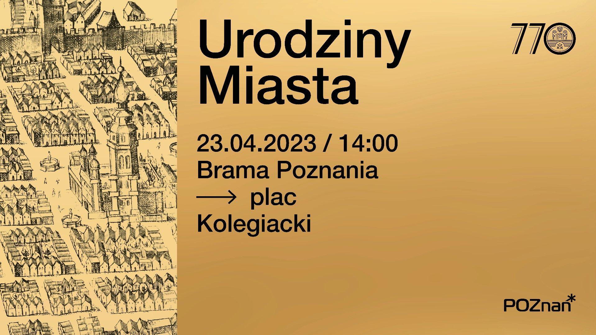 Grafika: rysunek Poznania i najważniejsze informacje o urodzinach Miasta - grafika artykułu