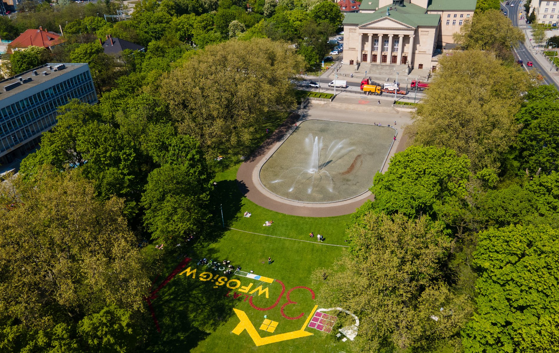 Galeria zdjęć przedstawia dywan kwiatowy w parku - tulipany zostały ułożone na kształt domu, wtyczki do gniazdka, turbiny wiatrowej, paneli fotowoltaicznych oraz napisu - grafika artykułu